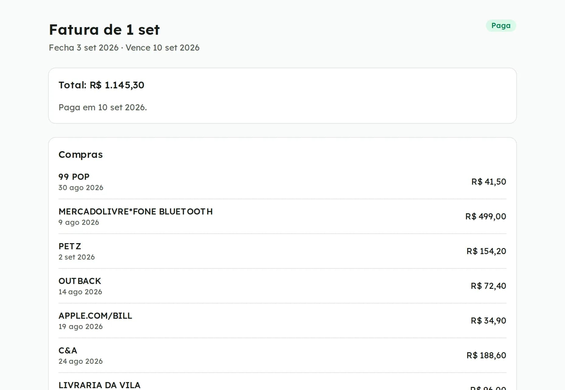 Detalhe de uma fatura de cartão com total, status e a lista de compras do ciclo
