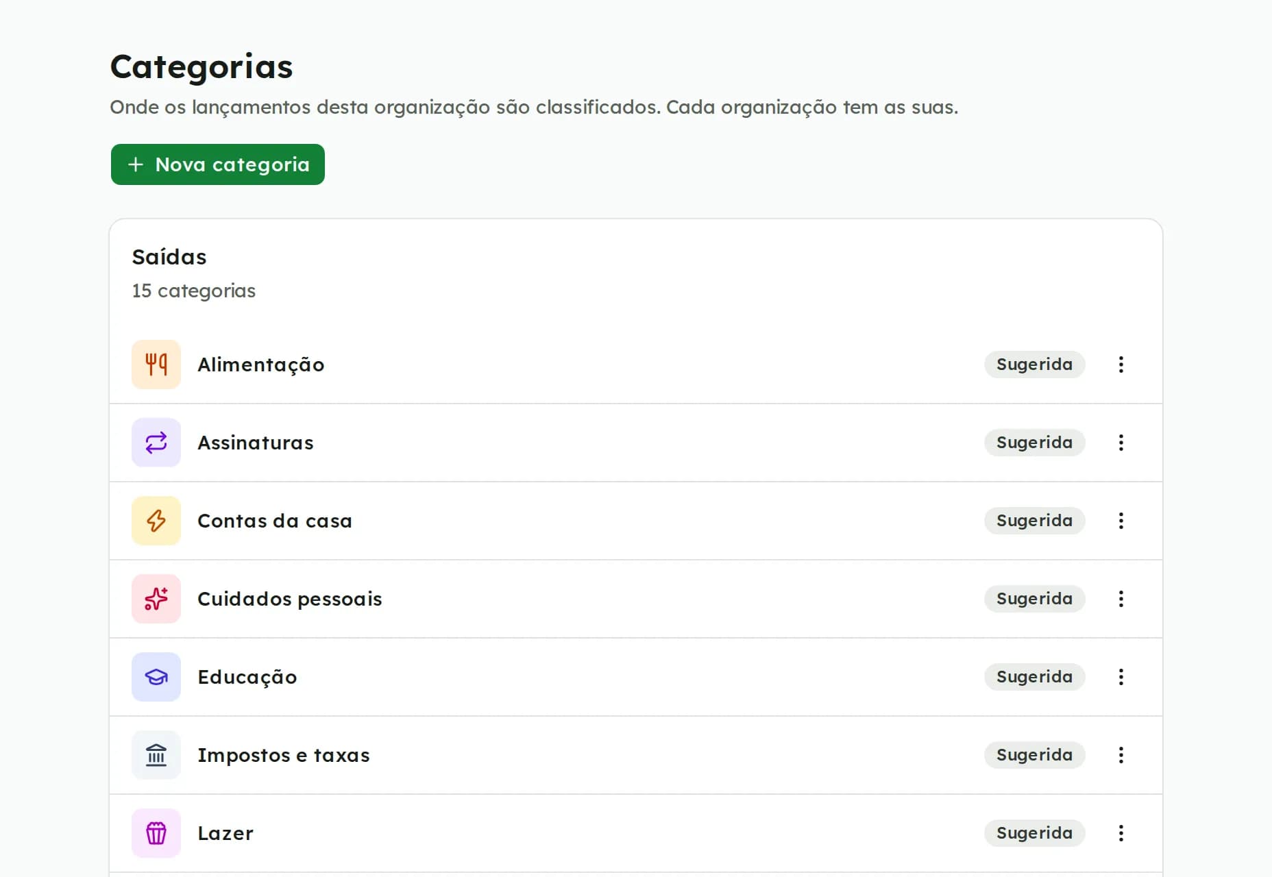 Lista de categorias de saída com ícones coloridos