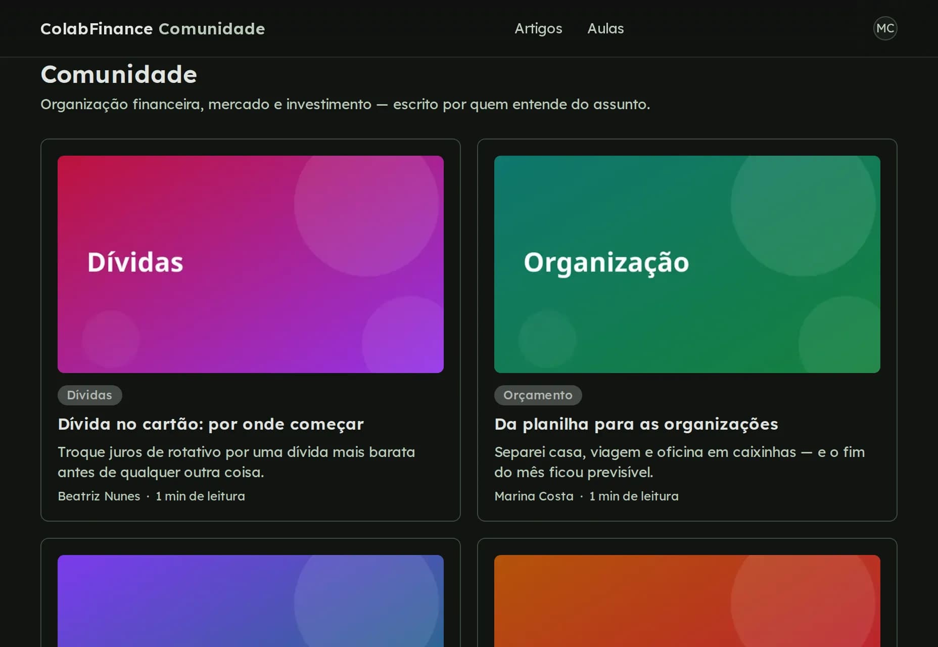 Página da Comunidade com cards de artigos sobre dívidas, organização, reserva de emergência e renda fixa