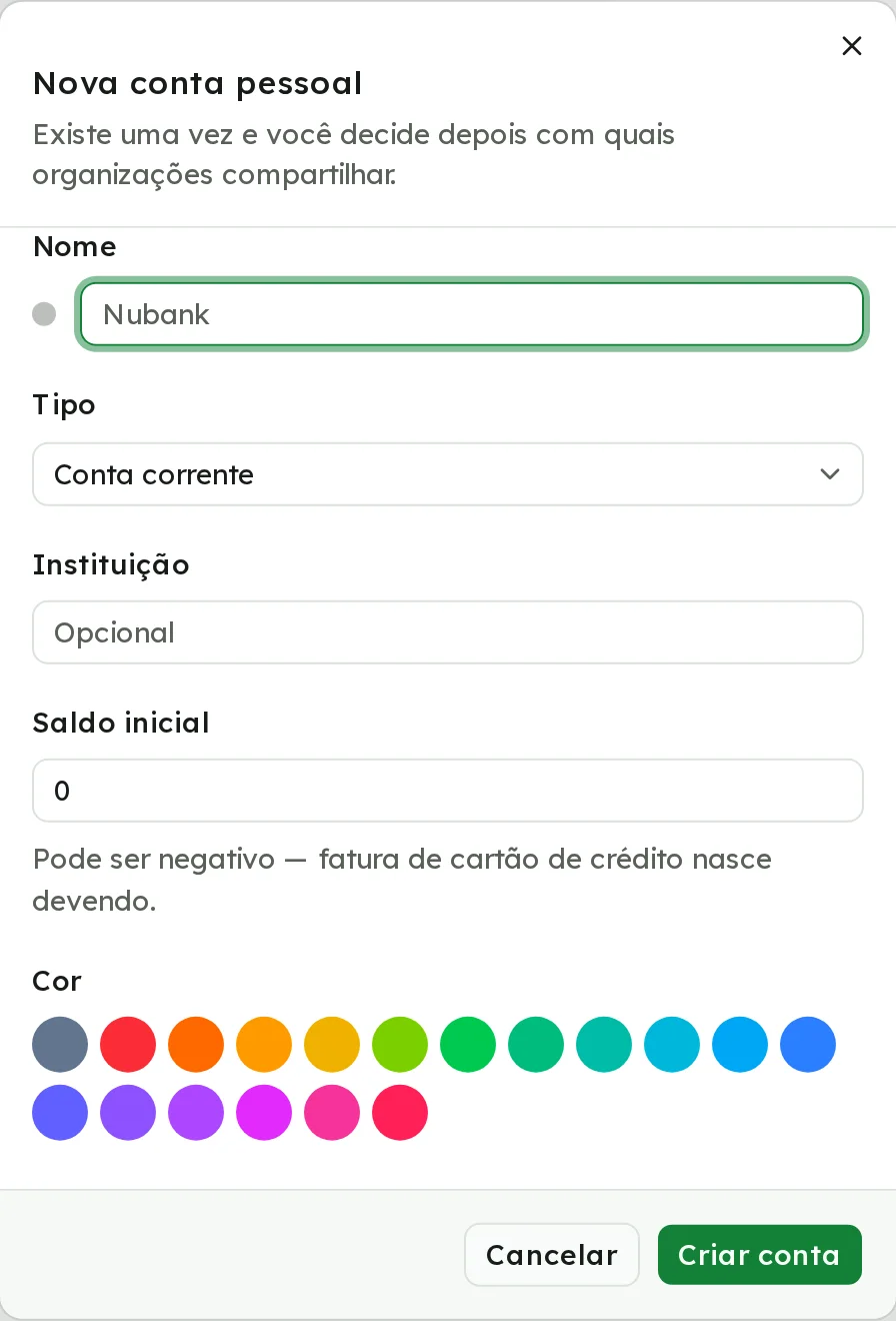 Janela Nova conta pessoal com nome, tipo, instituição, saldo inicial e cor