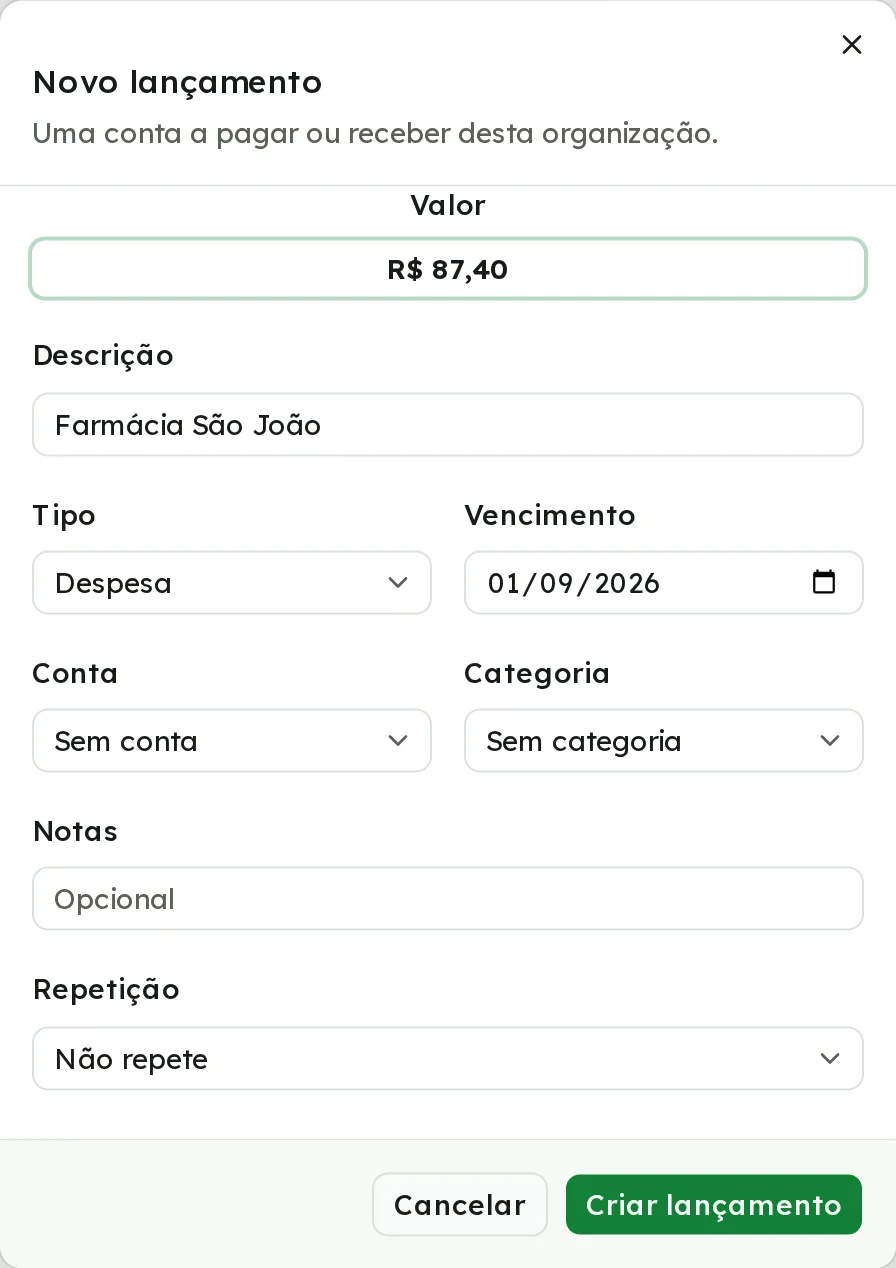 Janela Novo lançamento com valor, descrição, tipo, vencimento, conta, categoria e repetição