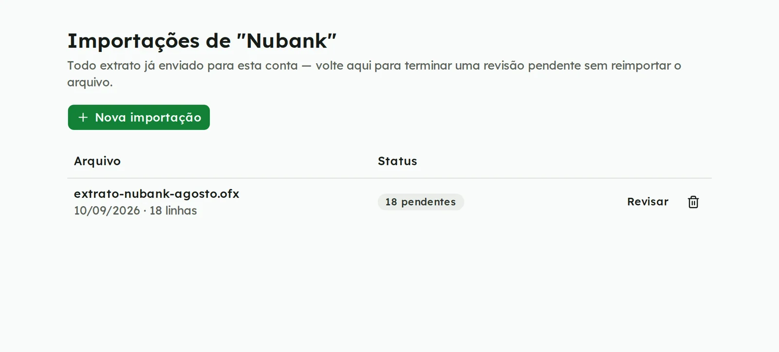 Histórico de importações de uma conta com o arquivo enviado e quantas linhas estão pendentes