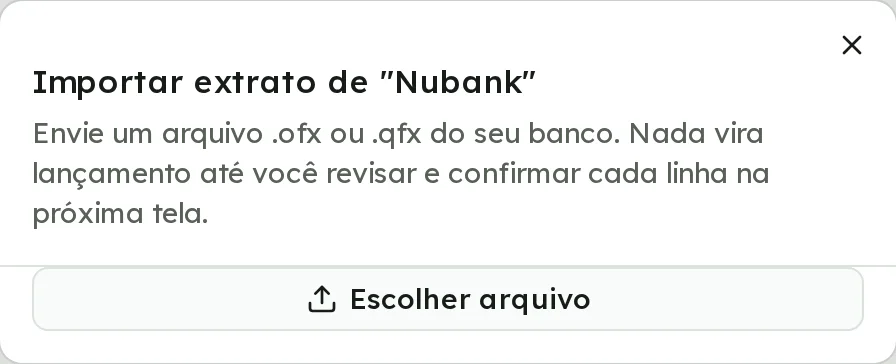 Janela Importar extrato com o botão Escolher arquivo
