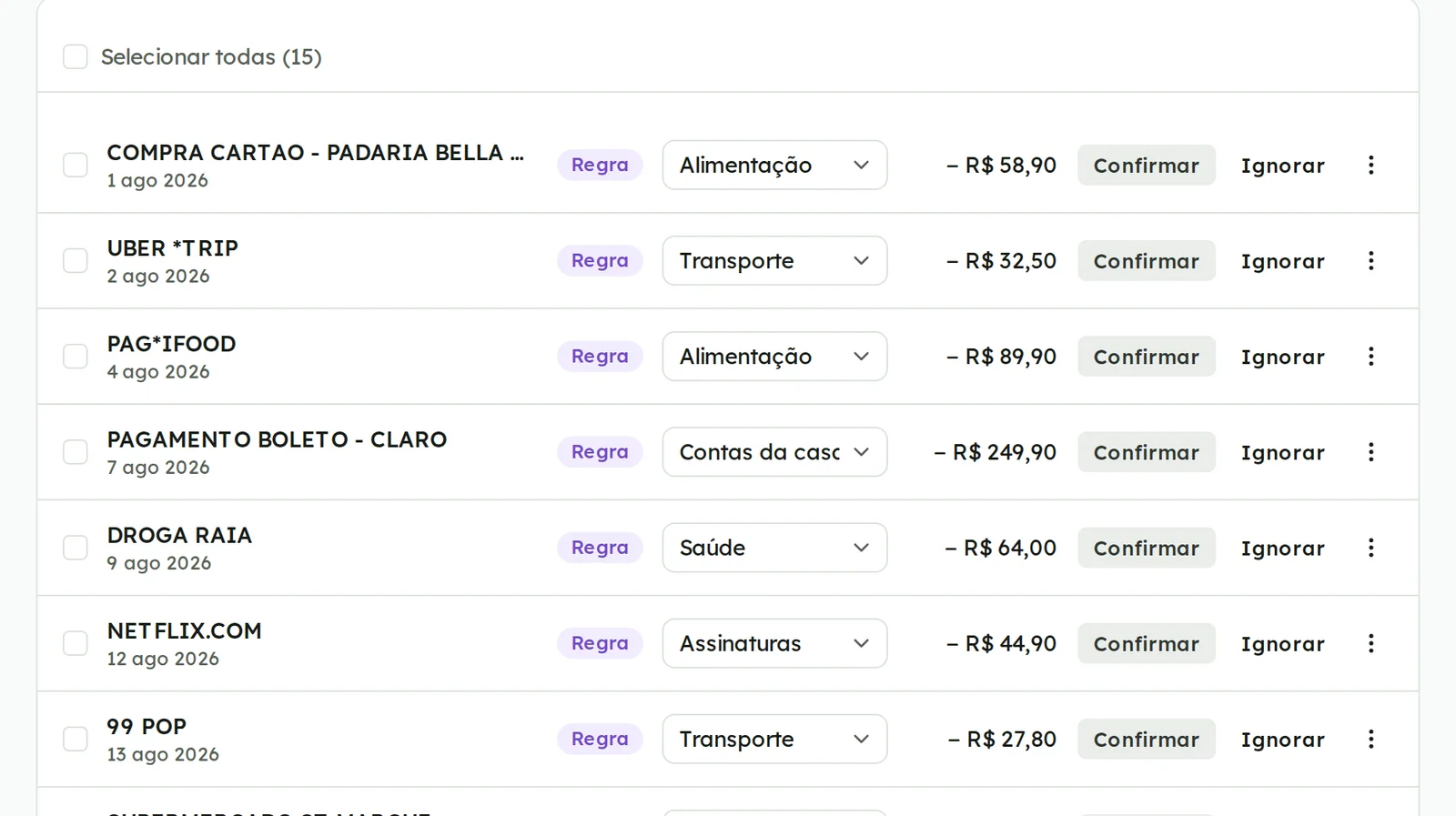 Linhas do extrato com a etiqueta Regra, a categoria sugerida e os botões Confirmar e Ignorar
