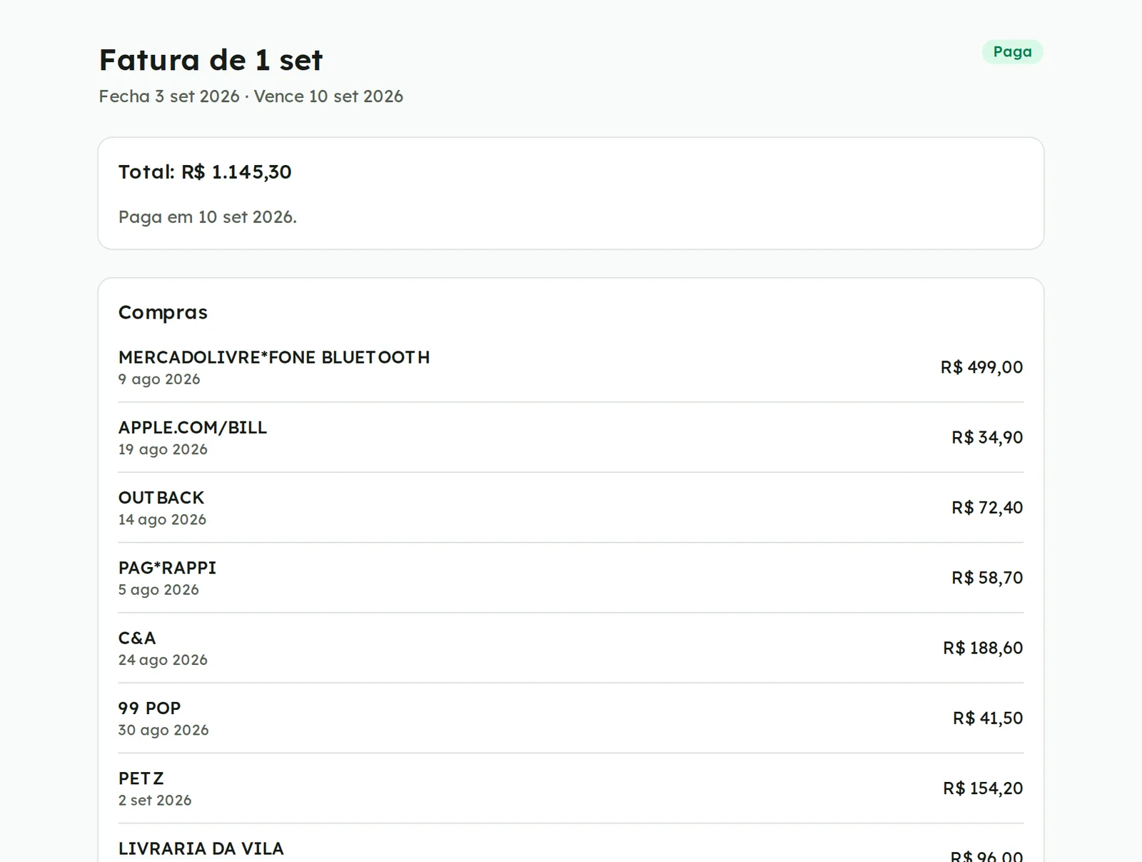 Detalhe de uma fatura com o total, o status e a lista de compras com data e valor