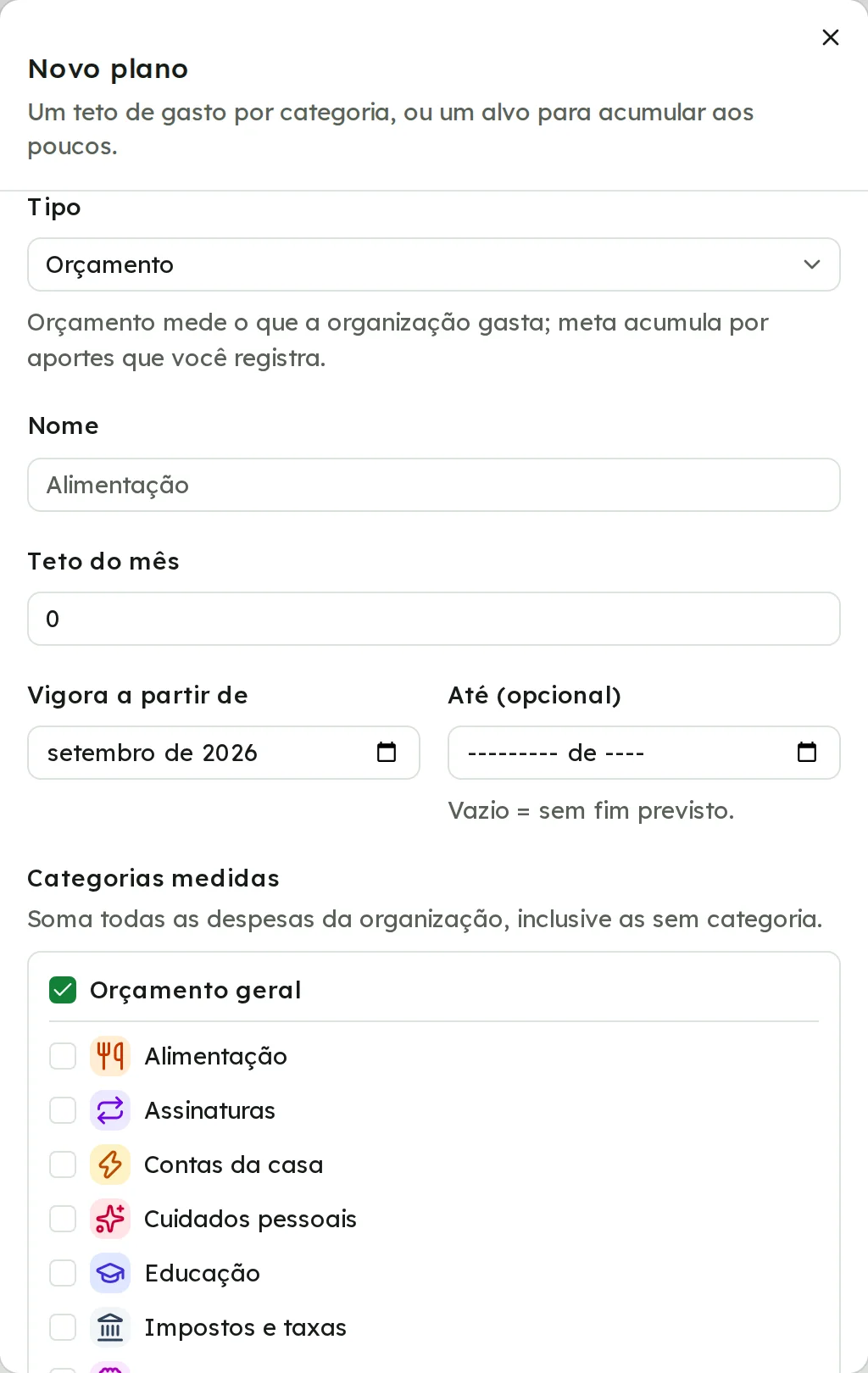 Janela Novo plano com tipo, nome, teto do mês, período de vigência e as categorias medidas