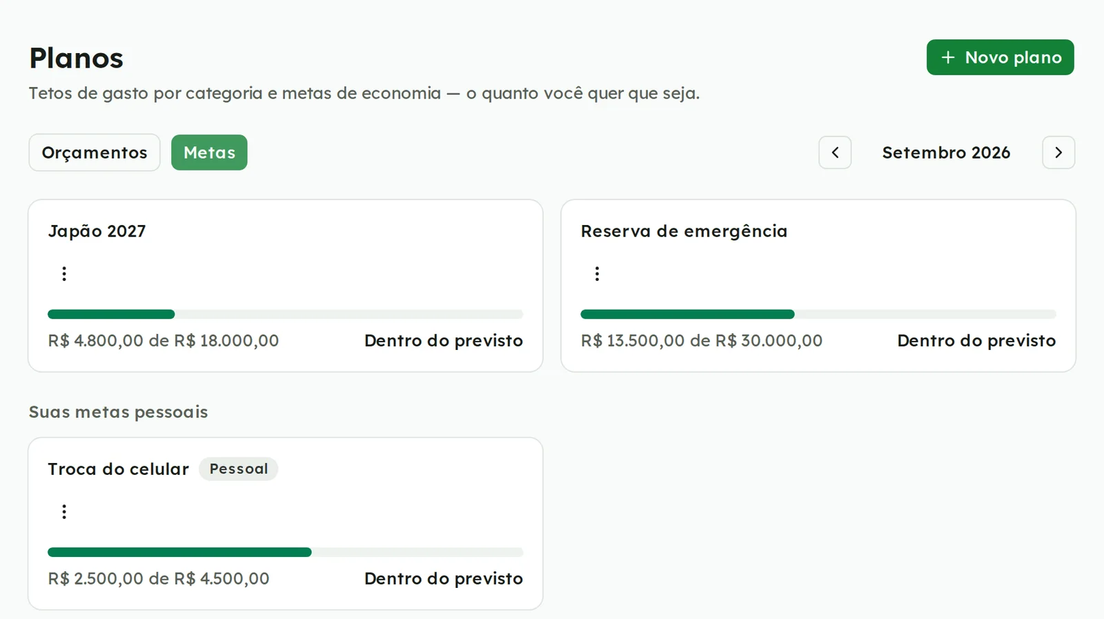 Metas Japão 2027, Reserva de emergência e a meta pessoal Troca do celular com barras de progresso