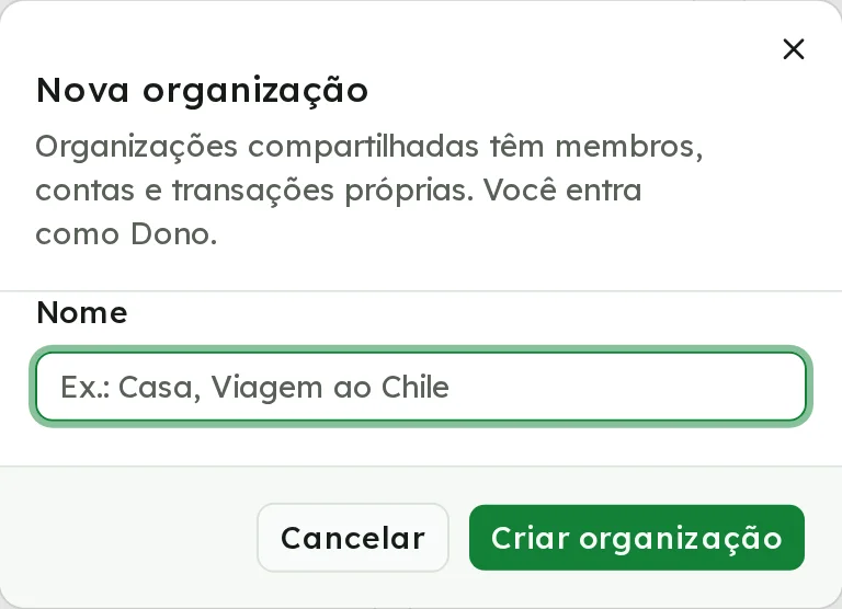 Janela Nova organização com o campo Nome e o botão Criar organização