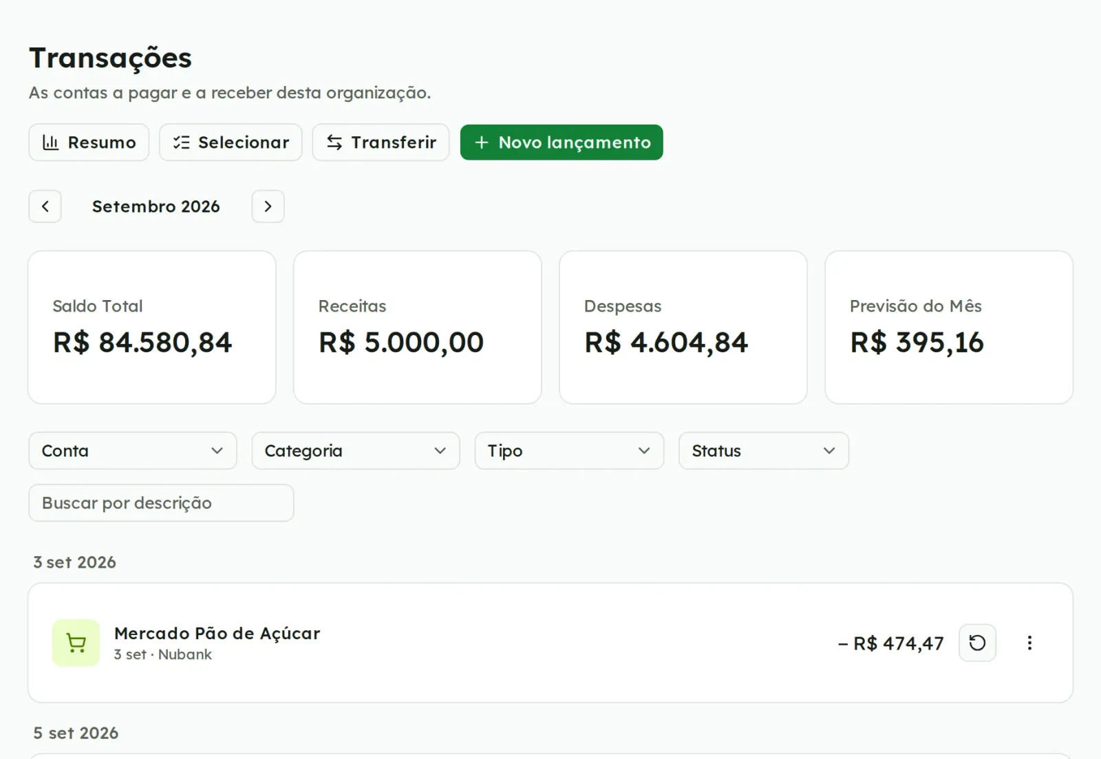 Lançamentos da Casa Costa com saldo, receitas, despesas e a lista de lançamentos do mês