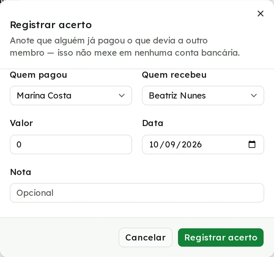 Janela Registrar acerto com quem pagou, quem recebeu, valor, data e nota